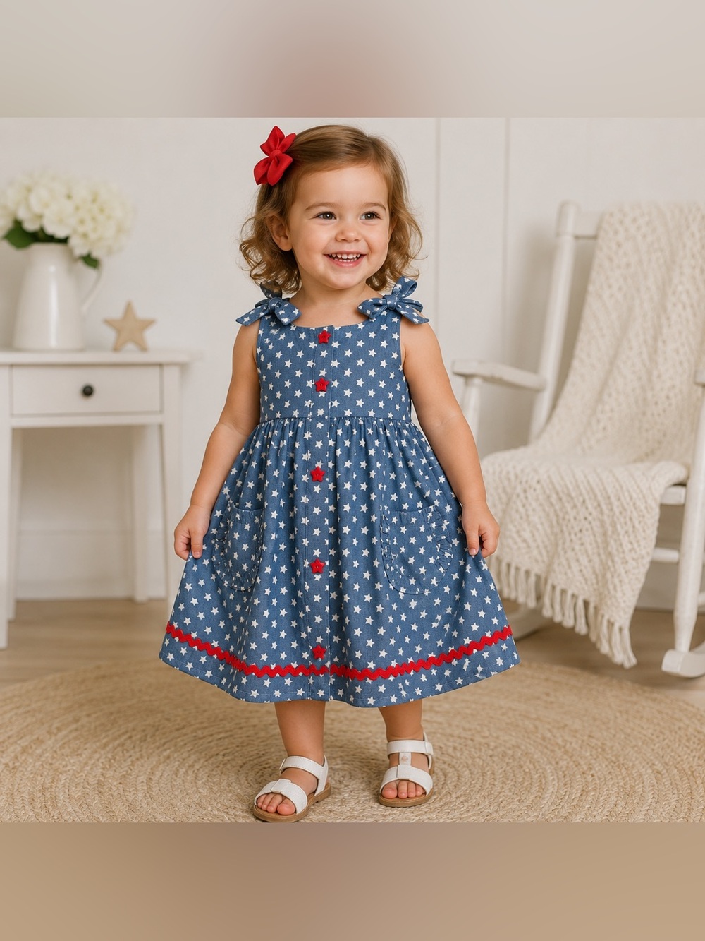 Good Lad Toddler Girls’ Patriotic Star Print Red Trim Denim Dress Size 3T